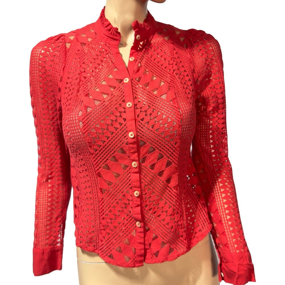 By Anthropologie Button Front Lace Shirt Size 2 Long Sleeve Coral